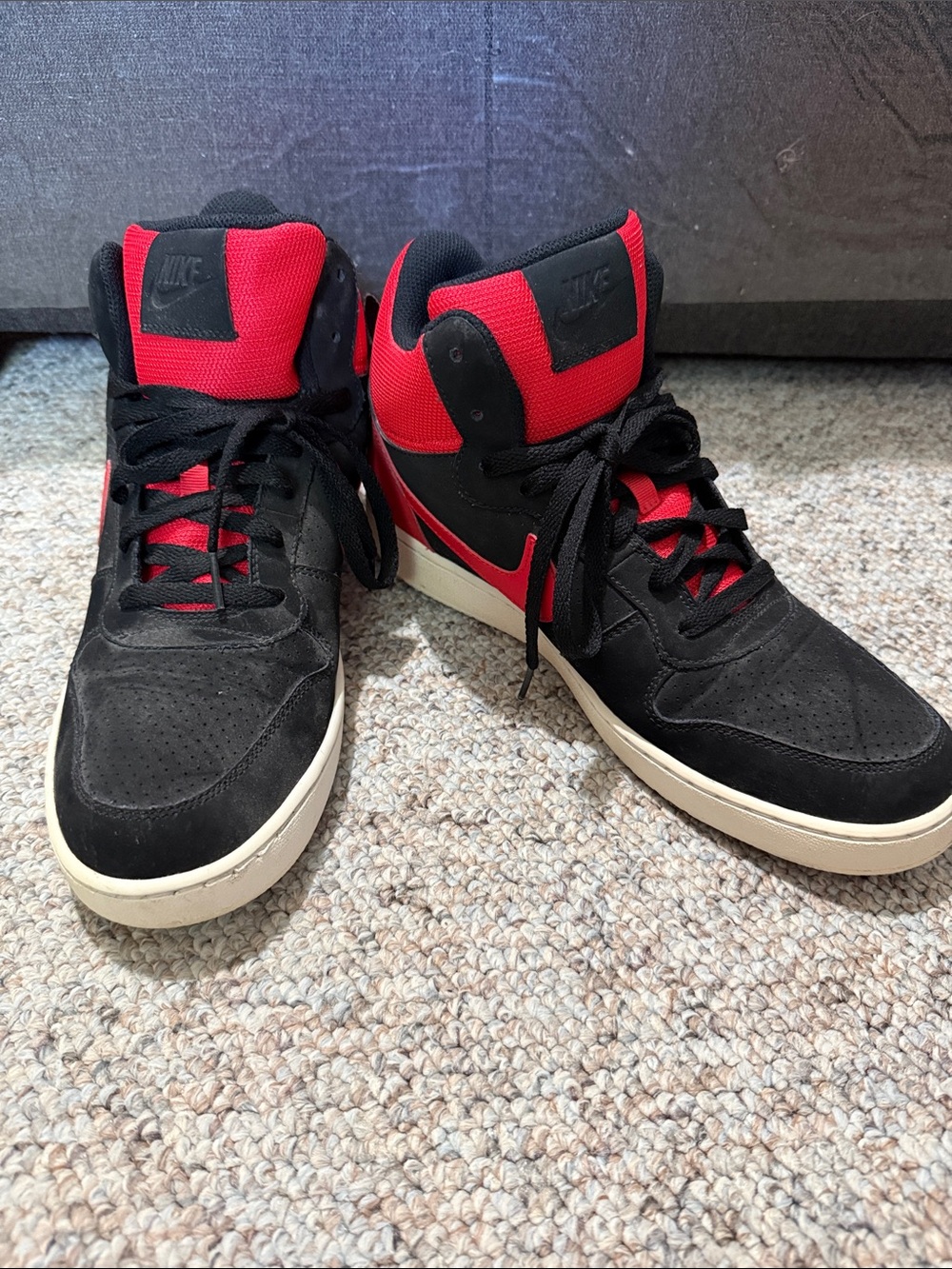 Nike Men's Black and Red High-Top Sneakers with Cream Sole